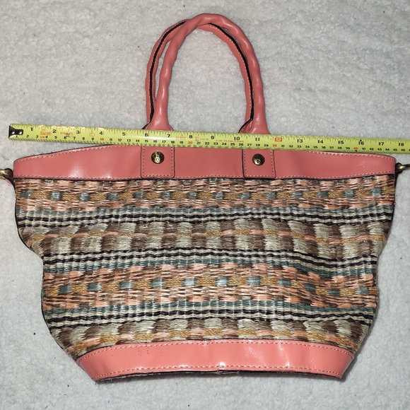 Patricia Nash Woven Purse Bag Coral Peach Tan Blue Gold Hardware - Picture 9 of 16